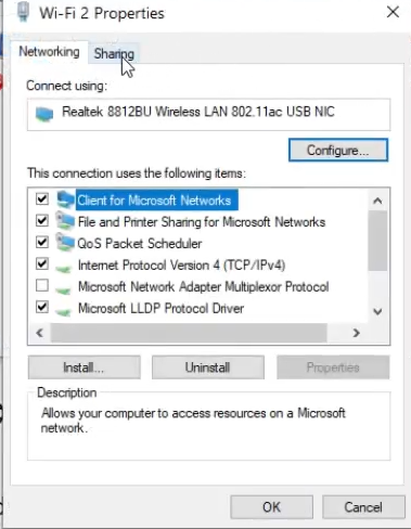 Sharing tab in wifi properties